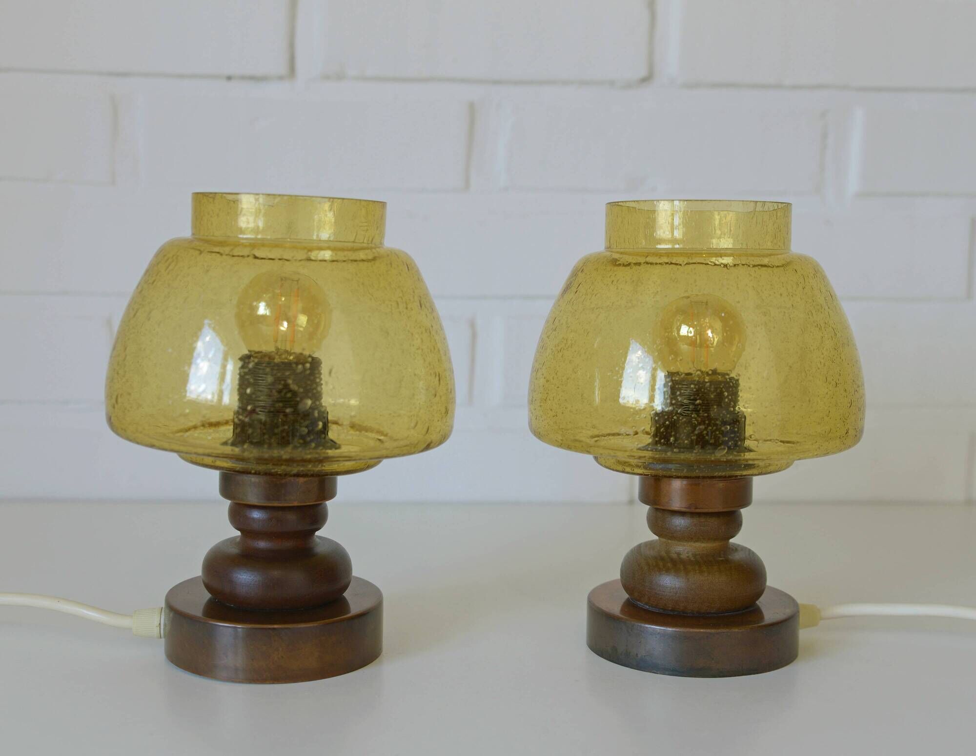 Pair Vintage Amber Glass Bedside Lamps, Copper Wood, Yugoslavia 1980s