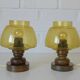Pair Vintage Amber Glass Bedside Lamps, Copper Wood, Yugoslavia 1980s