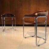 Pair of vintage armchairs, cognac leather and chrome steel 1970