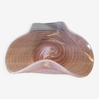 Vintage handcrafted blown glass bowl with pink stripes