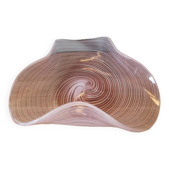 Vintage handcrafted blown glass bowl with pink stripes