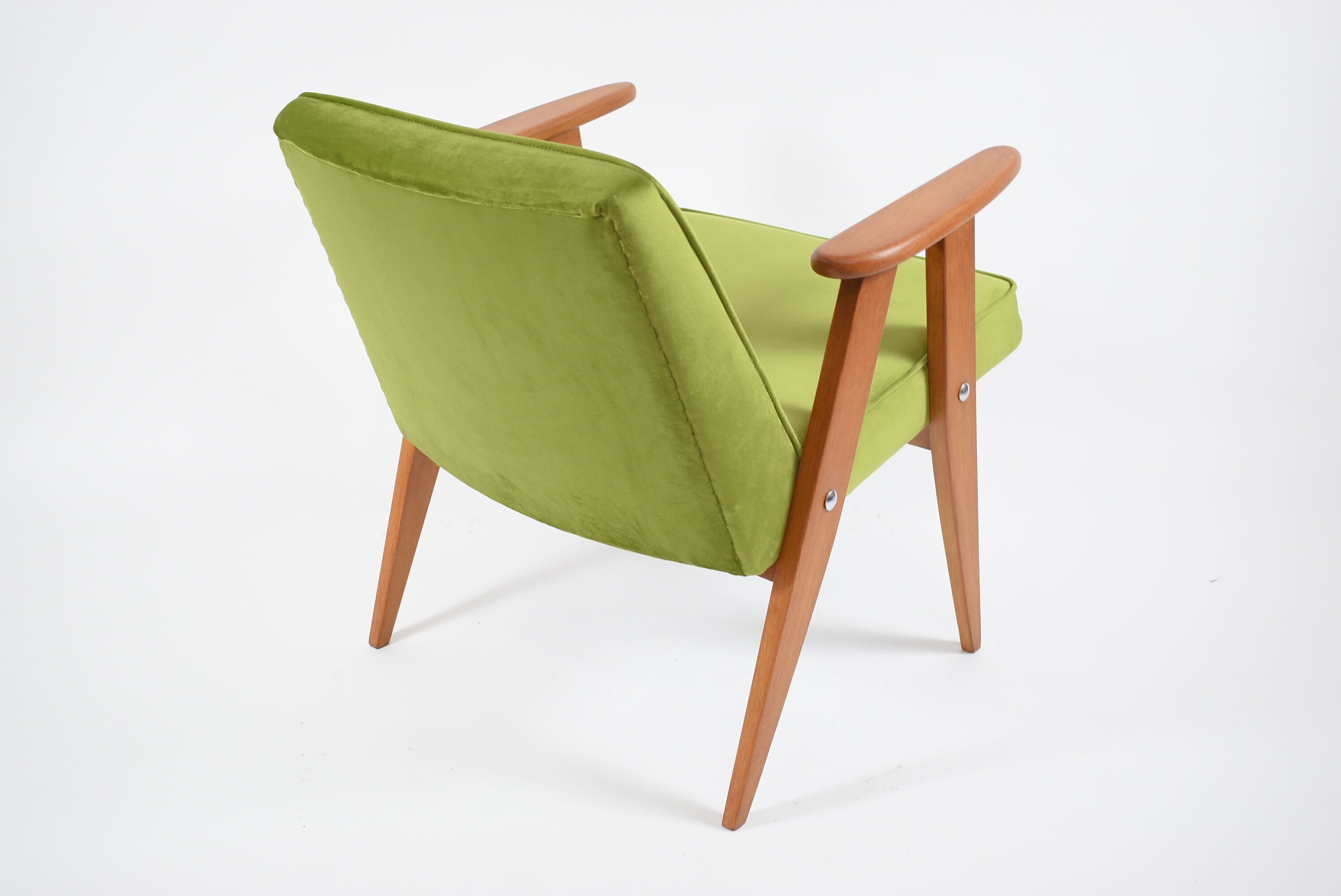 Vintage restored armchair, model 366, designer J. Chierowski, olive velvet