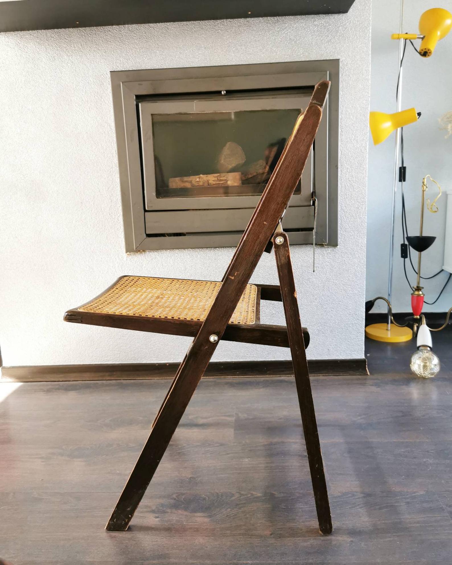 Vintage wooden folding chair with 1960 rattan seat and back