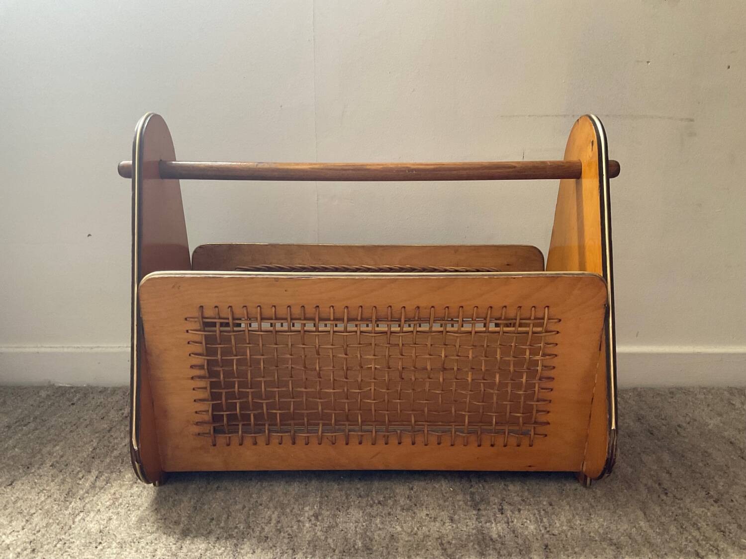Wooden and rattan magazine rack from the 50s and 60s