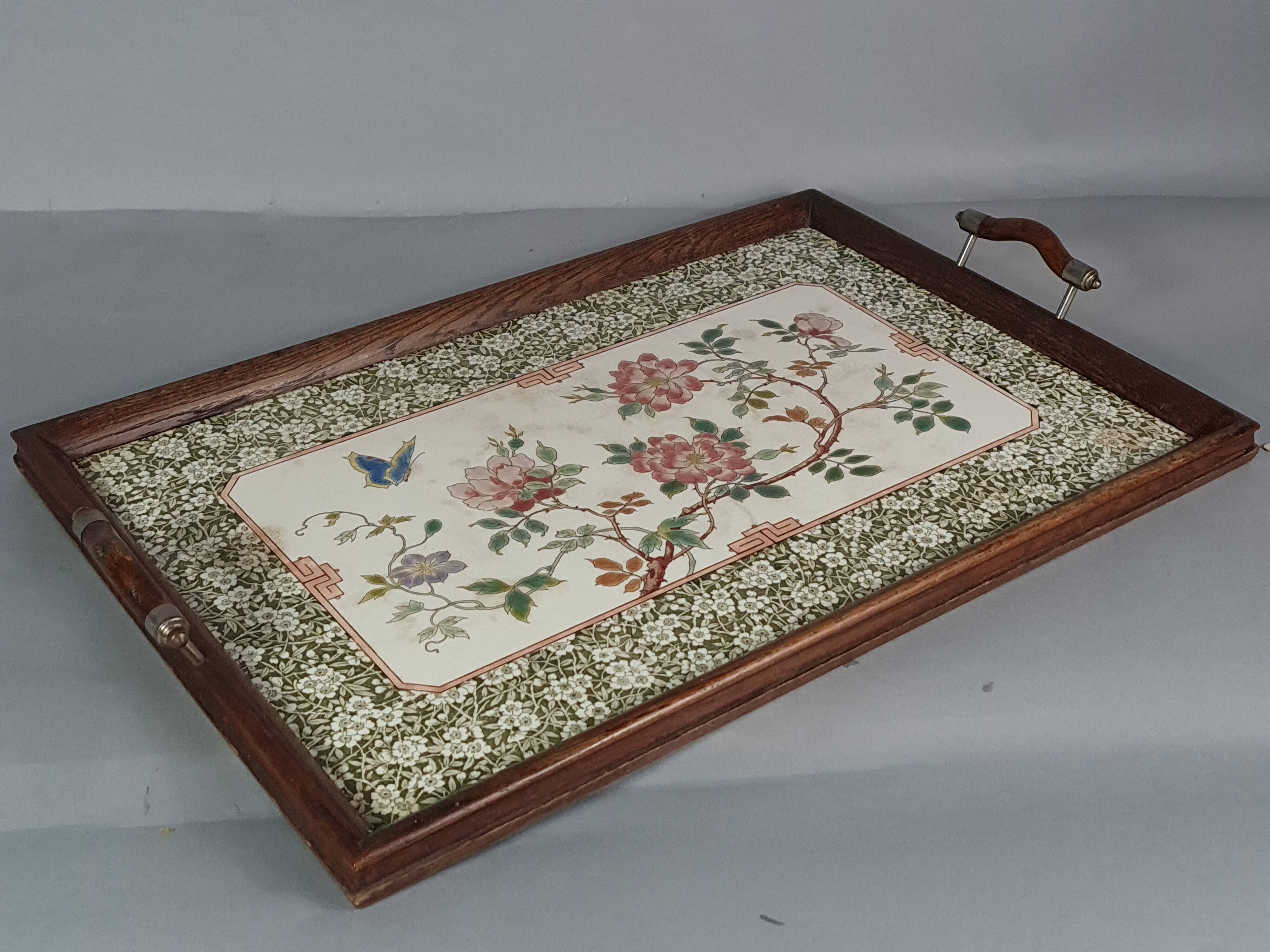 Ancien plateau de service faïence émaillée floral  & bois 1900 57x35 cm C99