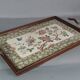 Ancien plateau de service faïence émaillée floral  & bois 1900 57x35 cm C99