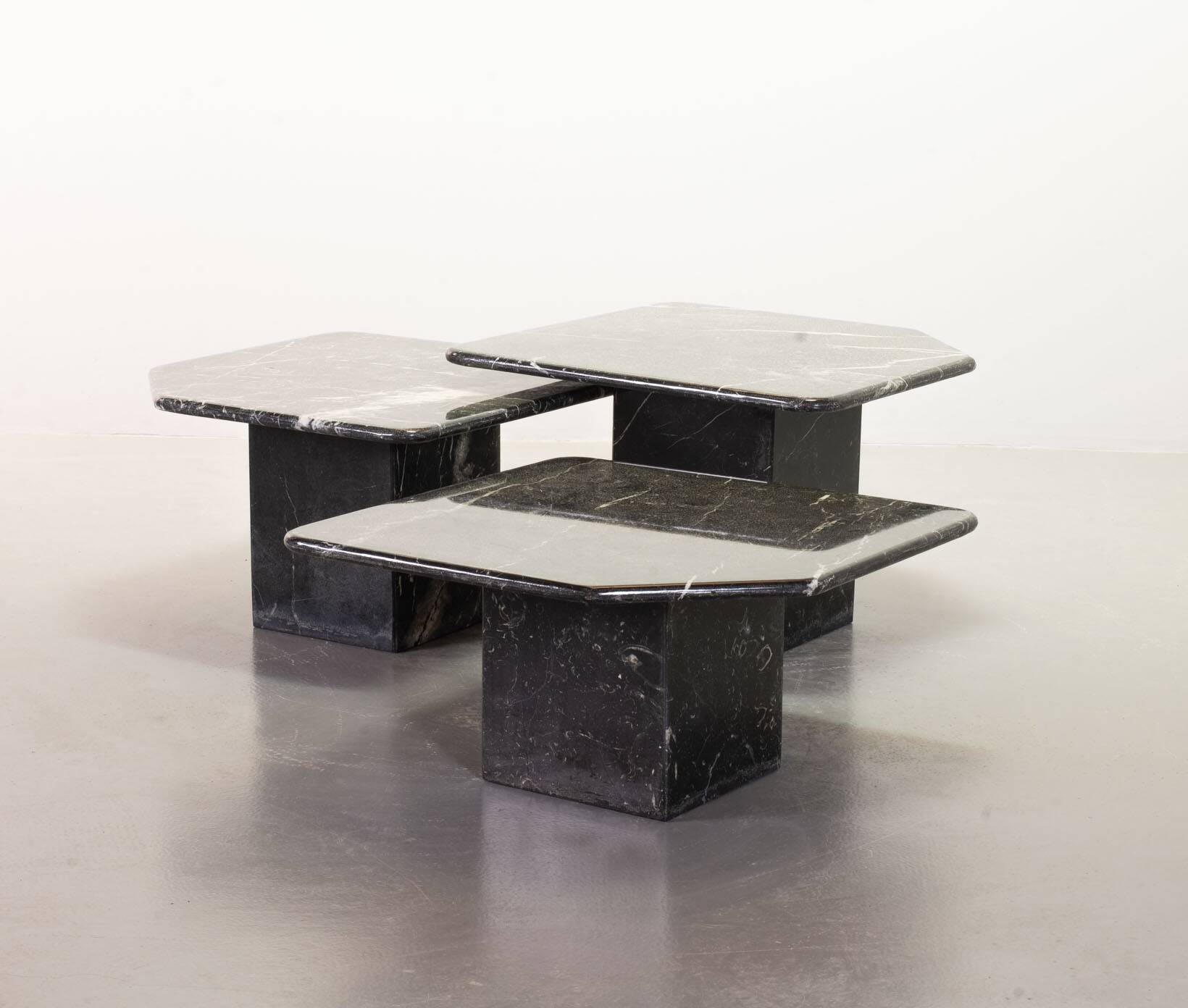 Italian Trio of Black Carrara Marble Side Tables with Oblique Angle, 1970s.