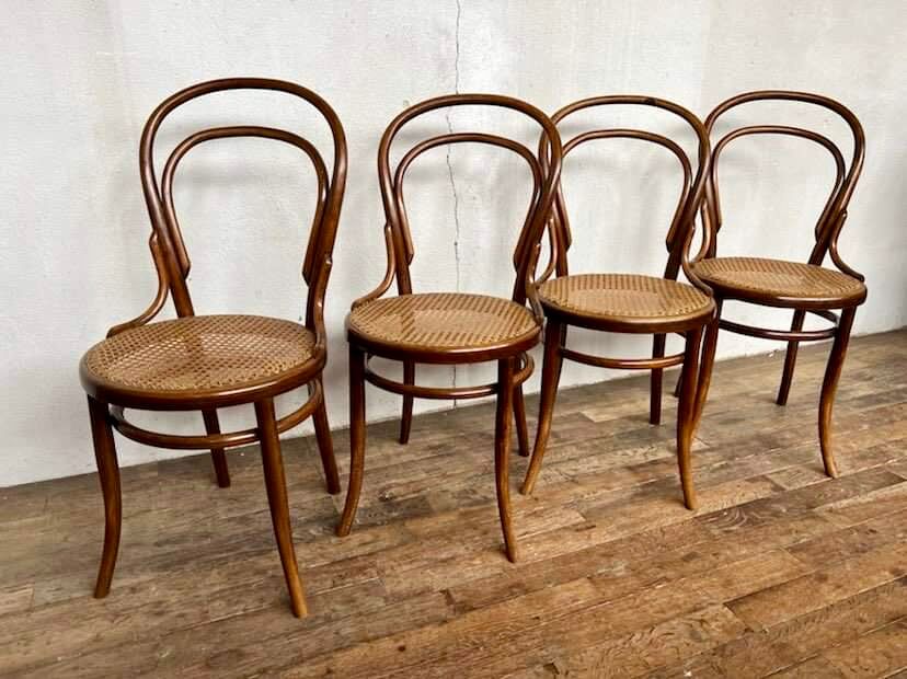 set of 4 bistro chairs in curved wood from the 1920s 1930s Canned seat