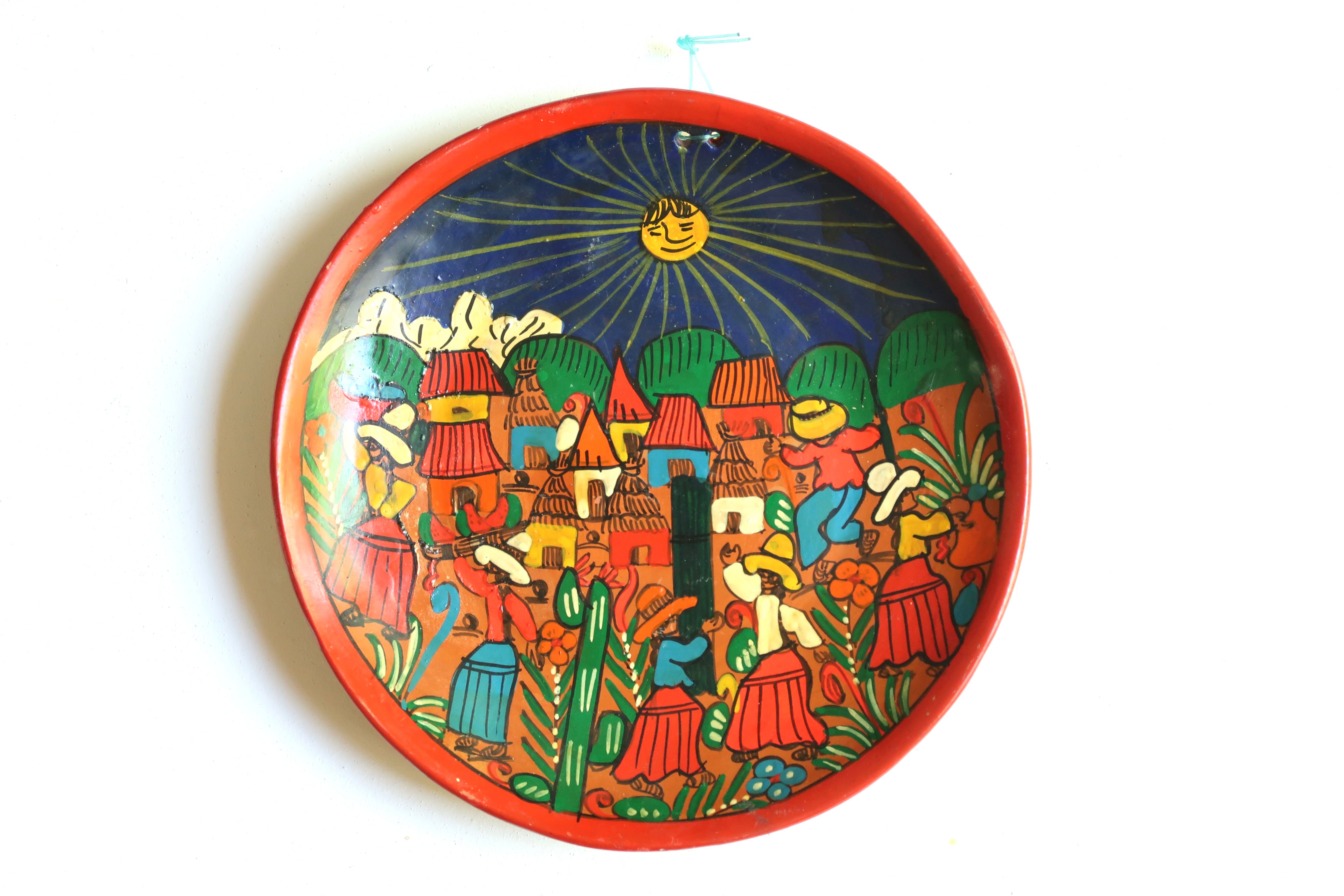 Mexican wall plate in painted terracotta, 70s