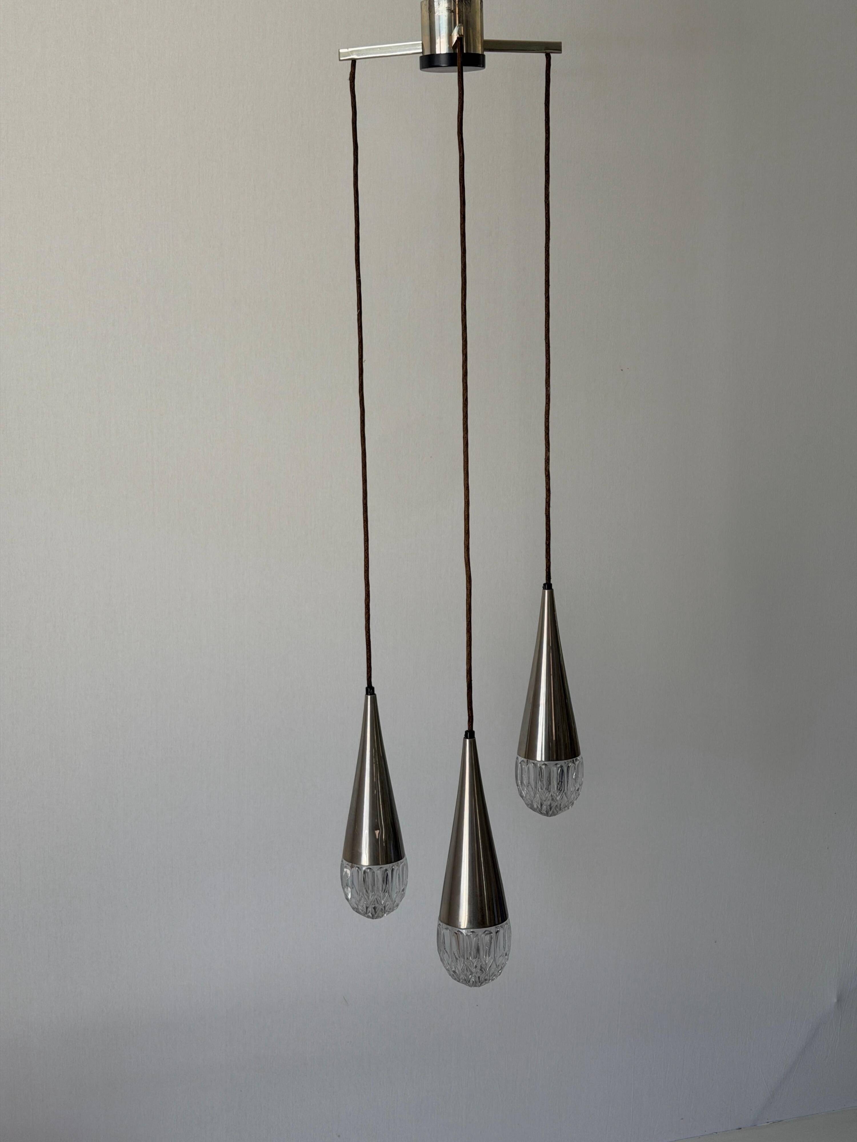 Suspended cascade lamp with 3 glass crystal shades and chrome, 1960s, Germany