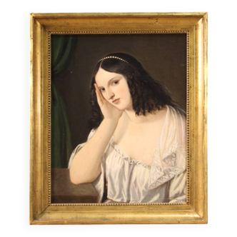 Antique painting depicting a young woman from the 19th century