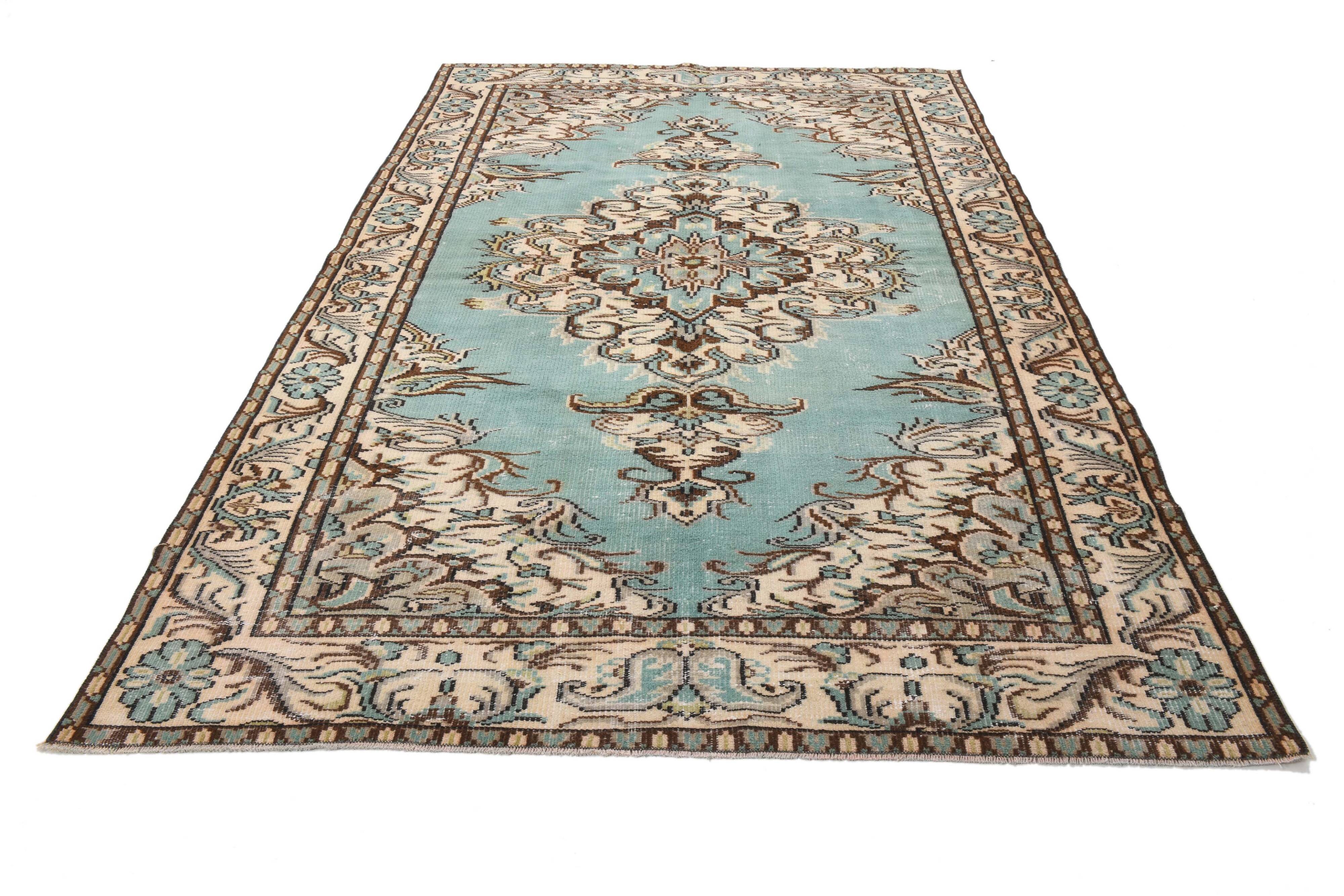 Turquoise & Brown Living Room Rug, Oushak Vintage Rug, 173x270 Cm