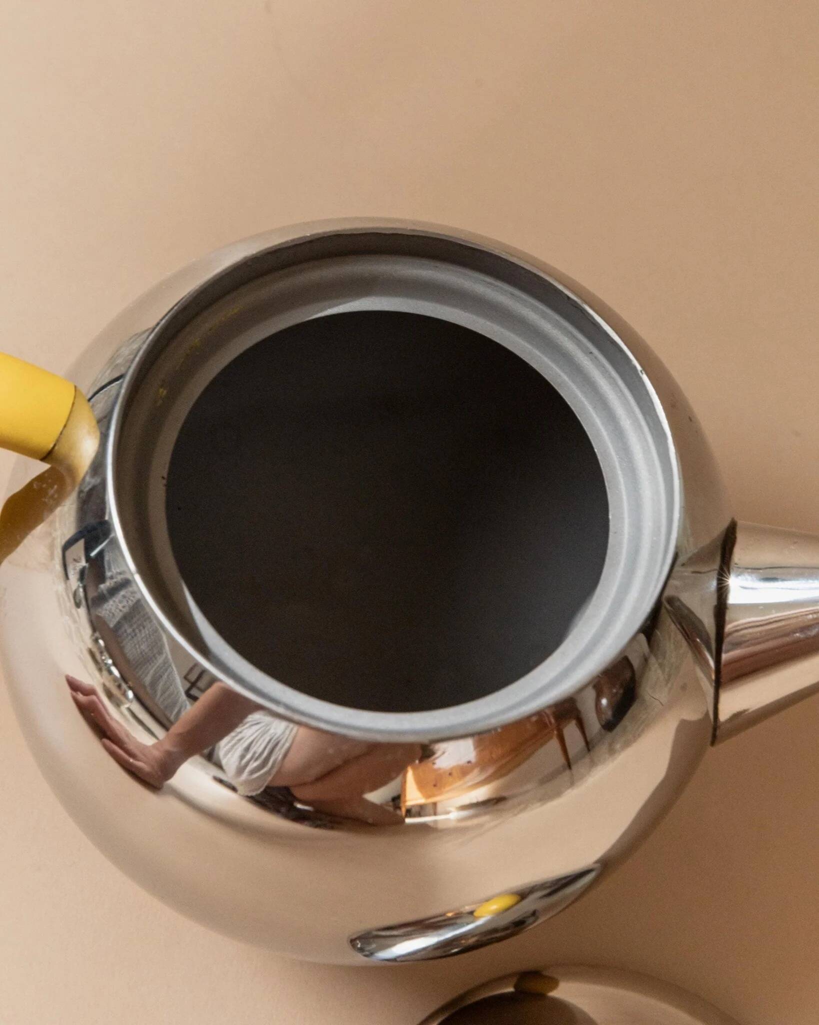 Space Age Vintage 1980s Stainless Steel Tea and Coffee Set with Yellow Accents Teapot Creamer and Sugar Bowl