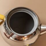 Space Age Vintage 1980s Stainless Steel Tea and Coffee Set with Yellow Accents Teapot Creamer and Sugar Bowl