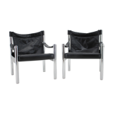 Chaise safari en cuir noir et chrome des années 1970 par johanson design, markaryd