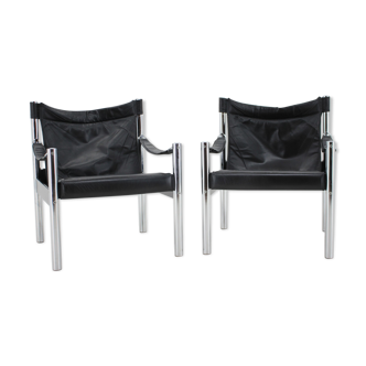 1970s black leather and chrome safari chair by johanson design, markaryd