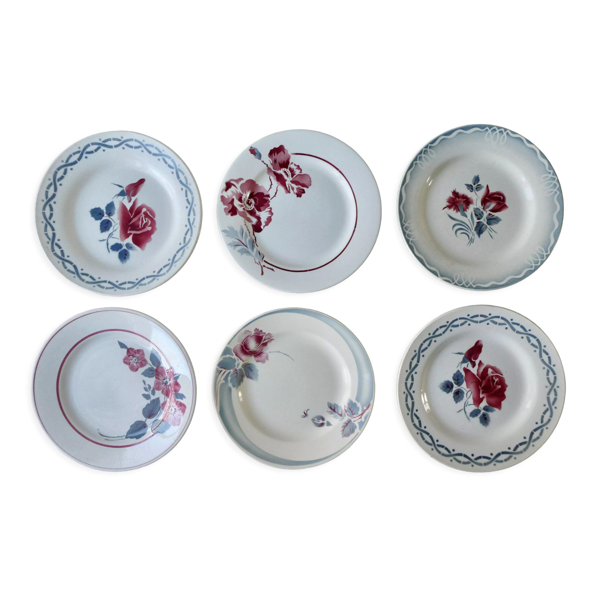 6 antique flat plates, floral decoration, 22.5 cm