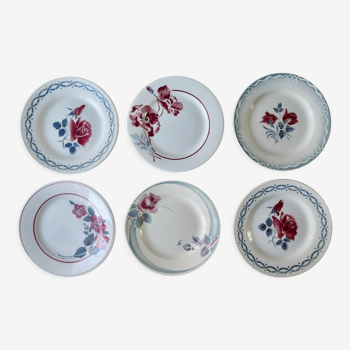6 assiettes plates anciennes, décor floral, 22,5 cm