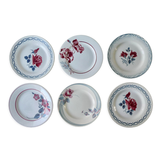 6 assiettes plates anciennes, décor floral, 22,5 cm