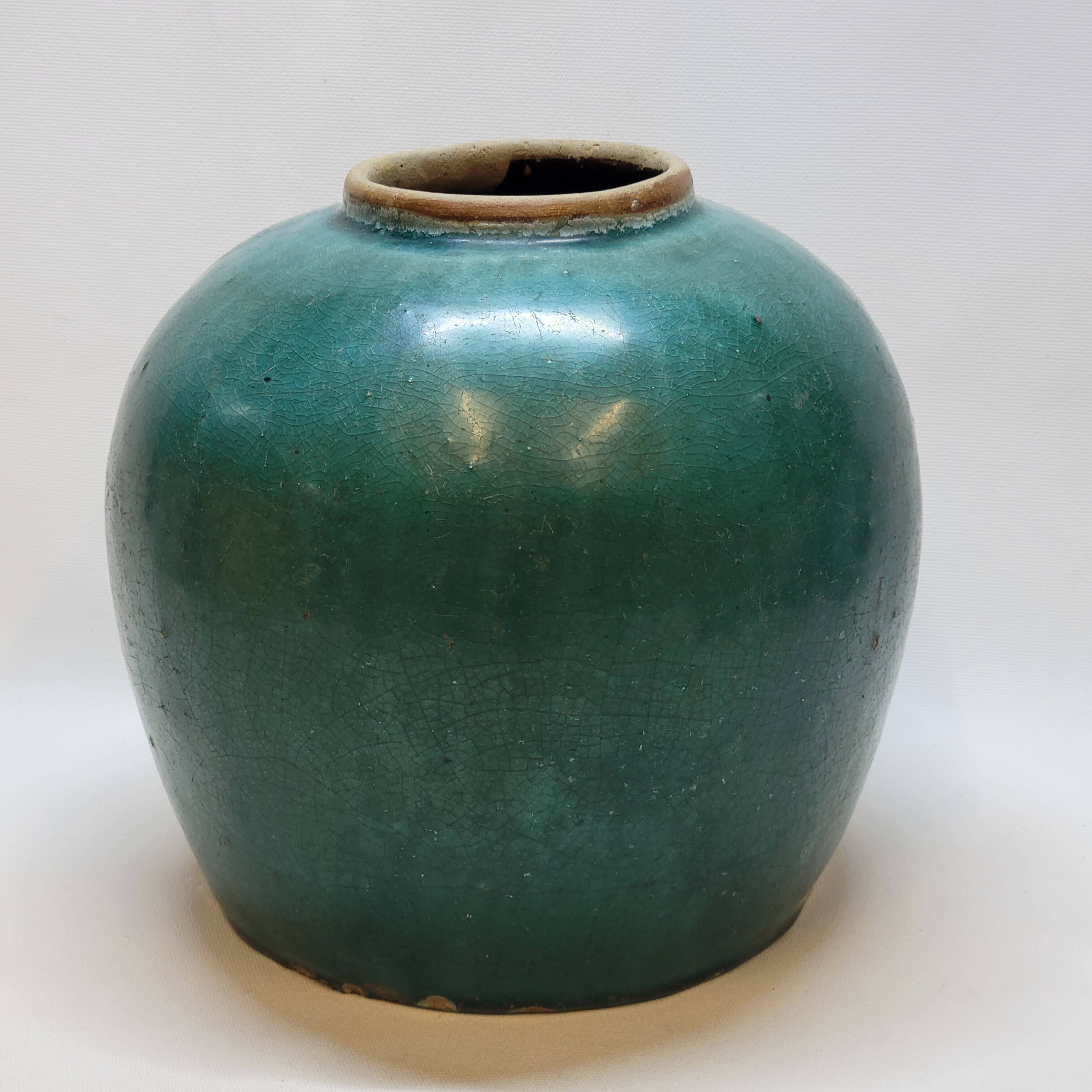 Antique Chinese Ginger Pot 1900 Green Blue Turquoise Enameled Ceramic