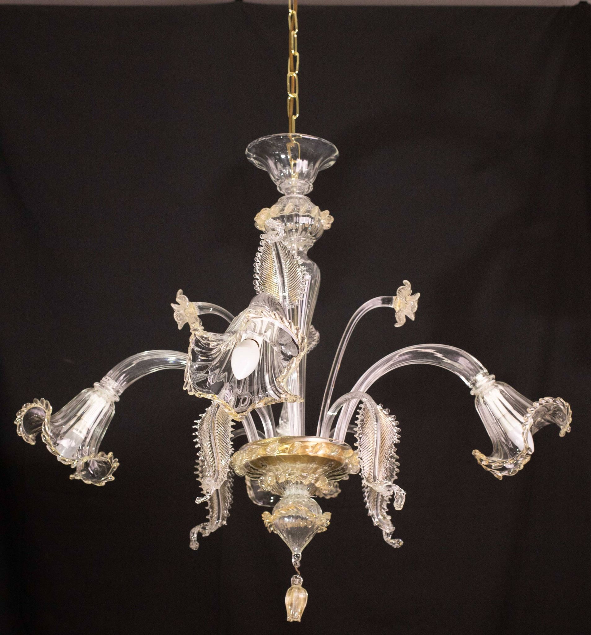 Charming vintage Venetian chandelier, transparent and gold Murano glass, 1970s