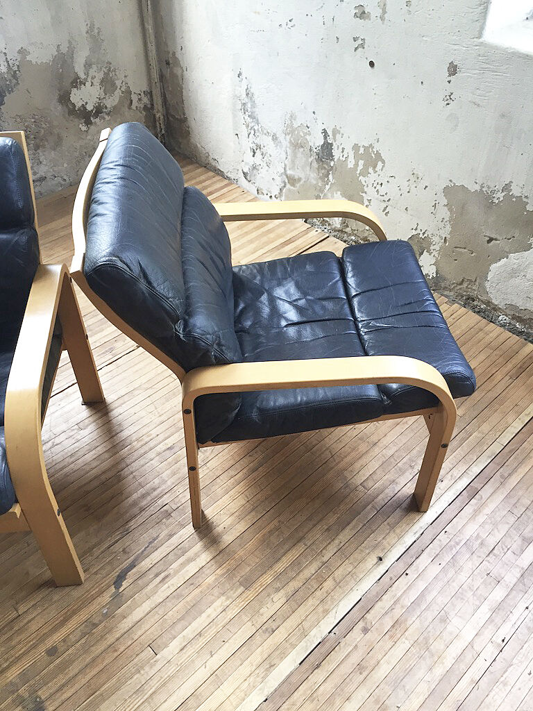 Danish sofa and armchairs curved wood and leather