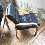 Danish sofa and armchairs curved wood and leather