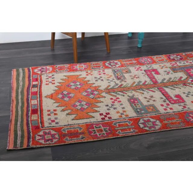 Vintage Turkish hand-knotted wool cotton beige runner rug  114x362