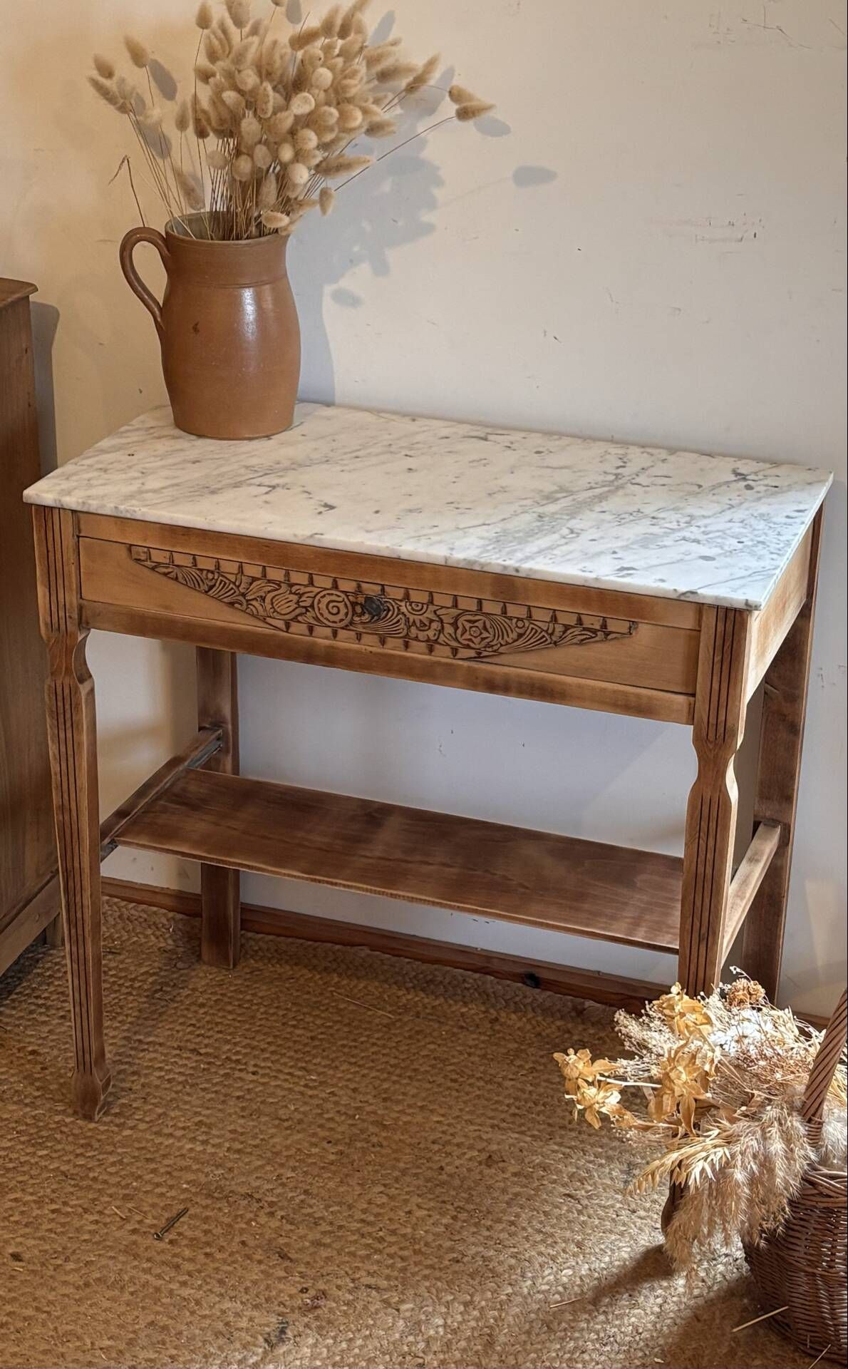 Old solid wood console with marble - 1 drawer