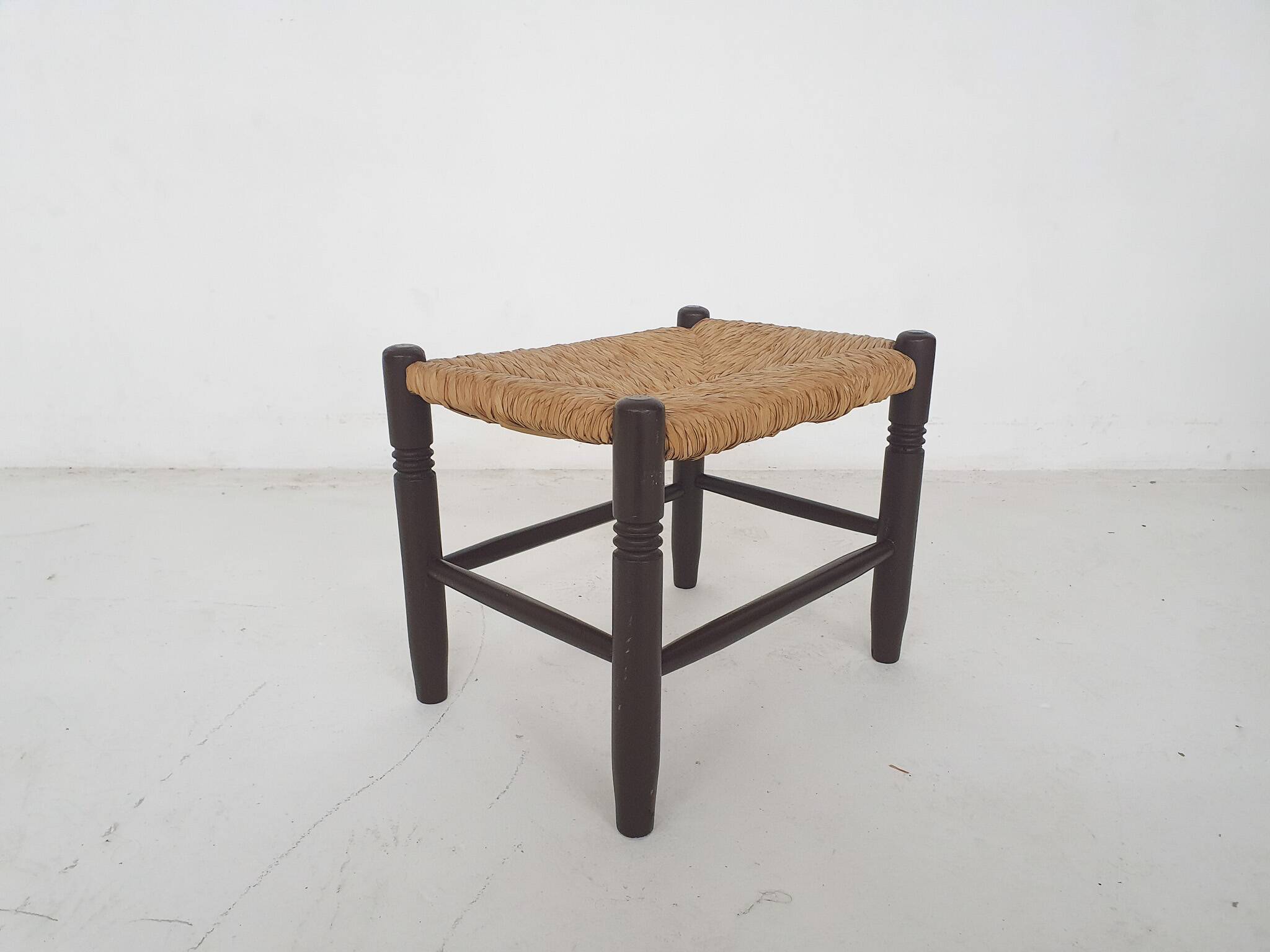 Vintage rattan and wooden stool, France, 1960's