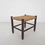 Vintage rattan and wooden stool, France, 1960's