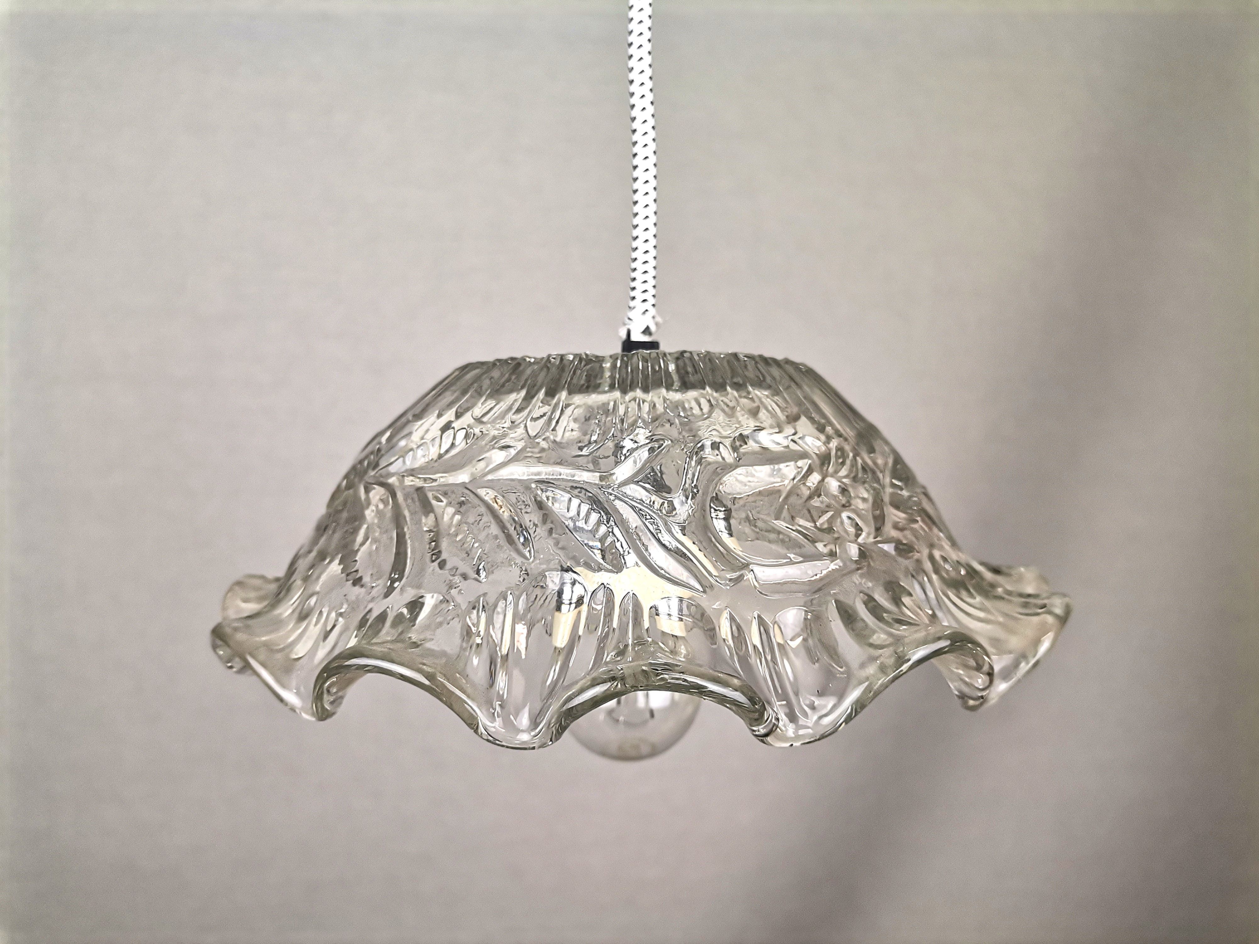 Portuguese farmhouse mid century clear floral glass hanging lamp, 1960s
