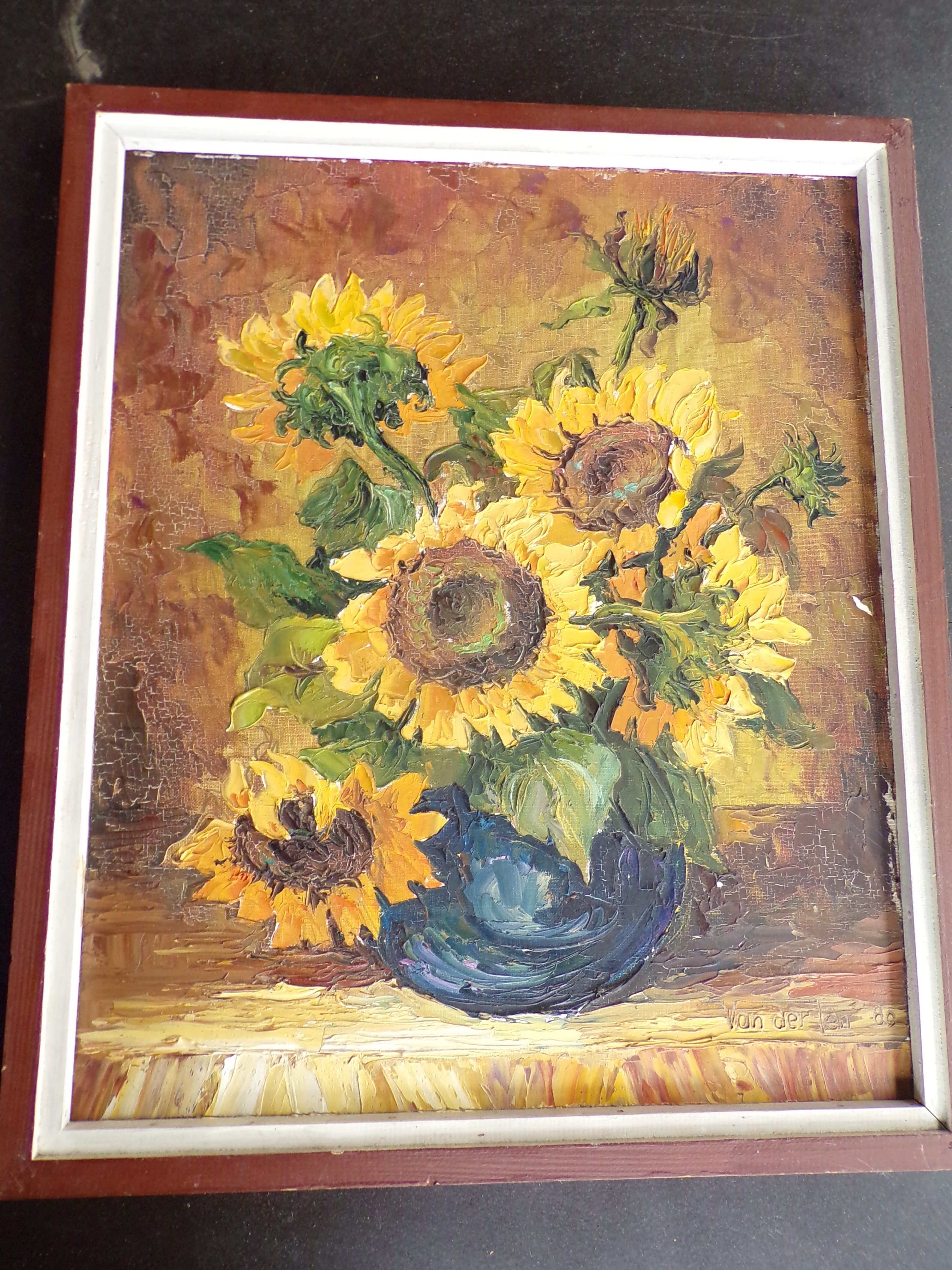 Oil on still life panel with sunflowers