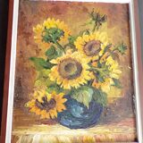 Oil on still life panel with sunflowers