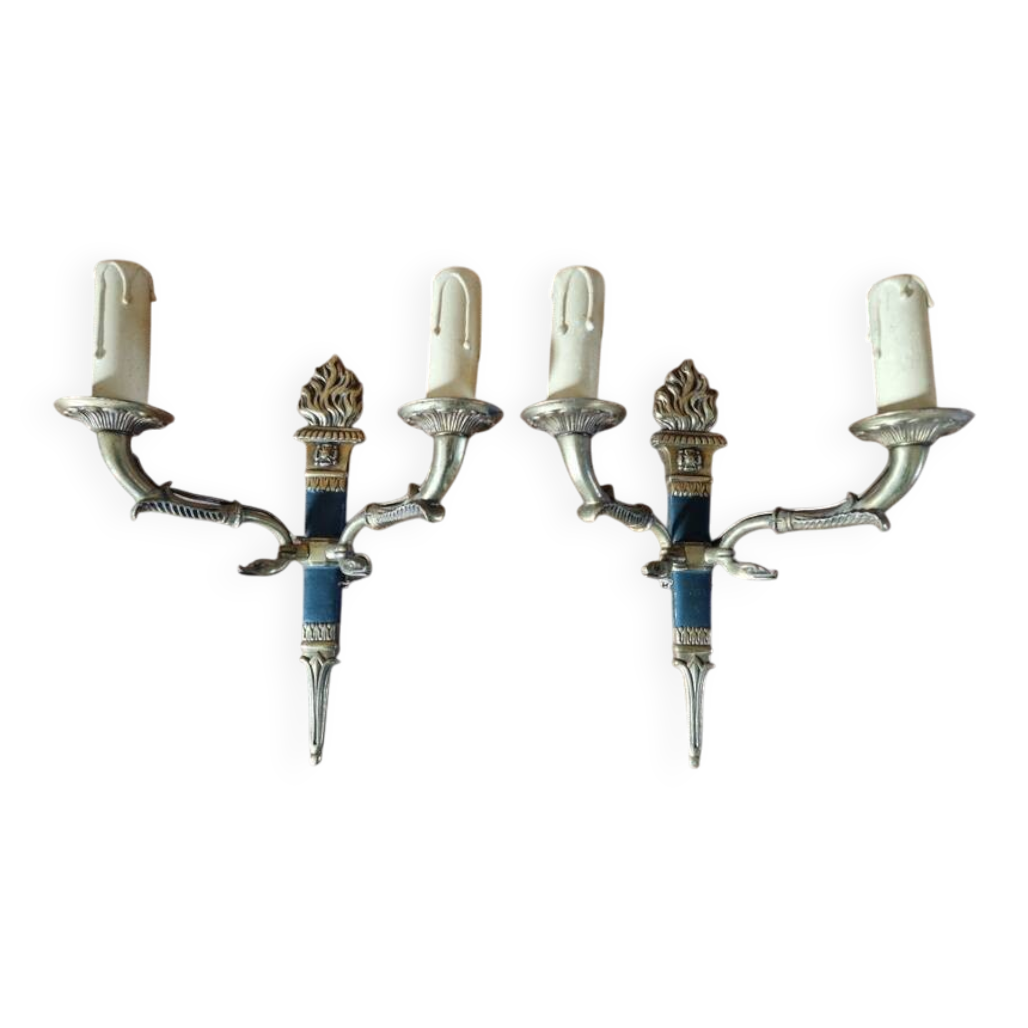 Pair of Empire style wall sconces in gilded bronze and green lacquer.