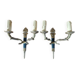 Pair of Empire style wall sconces in gilded bronze and green lacquer.