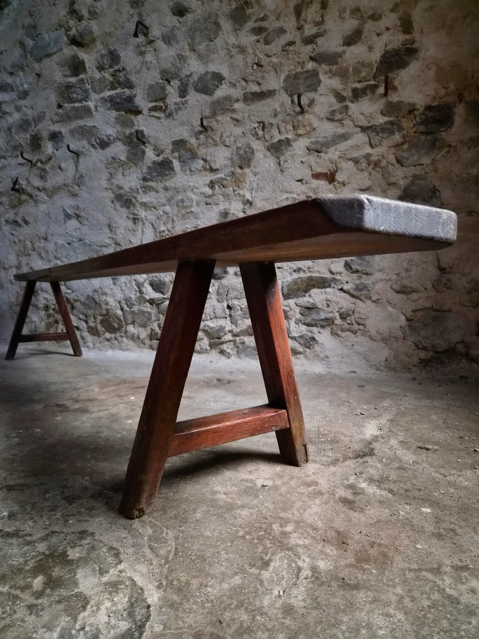 Antique farmhouse bench, 266 cm – oak and pine, 19th century, France