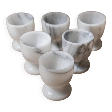 Vintage Marble Egg Cups Set of 6 in Grey and White Marble – Handcarved, Mid-Century Italy Tableware