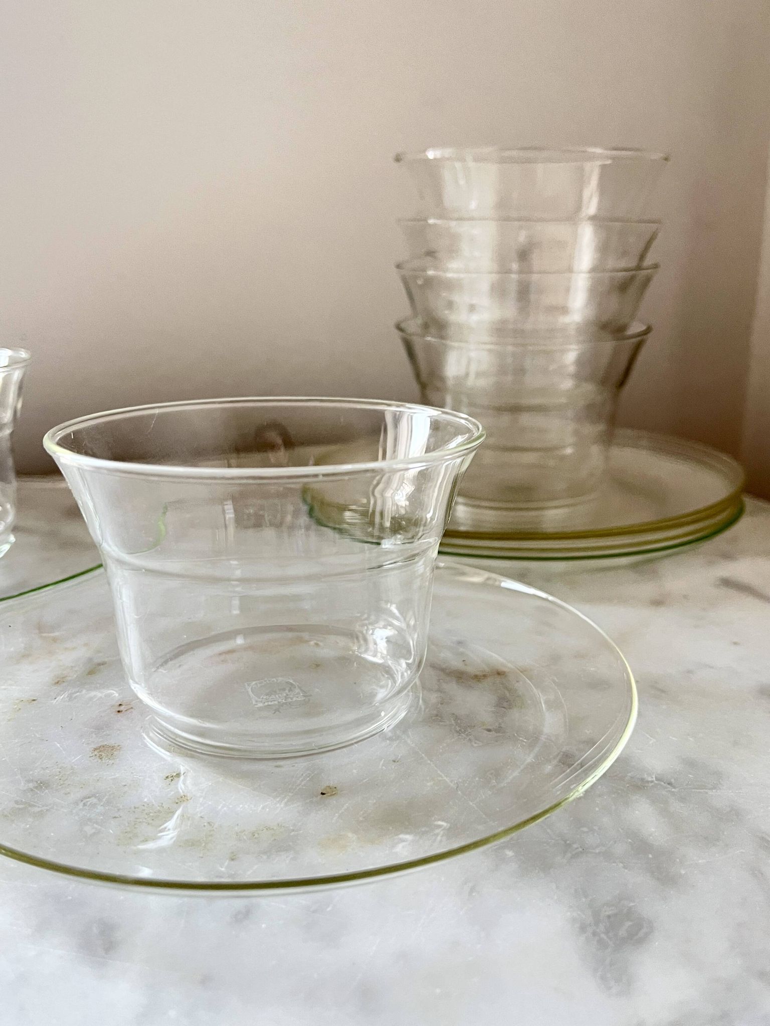 Vintage Jena Borosilicate Glass Tea Cups Set of 6 + Saucers,  GDR, 1960s