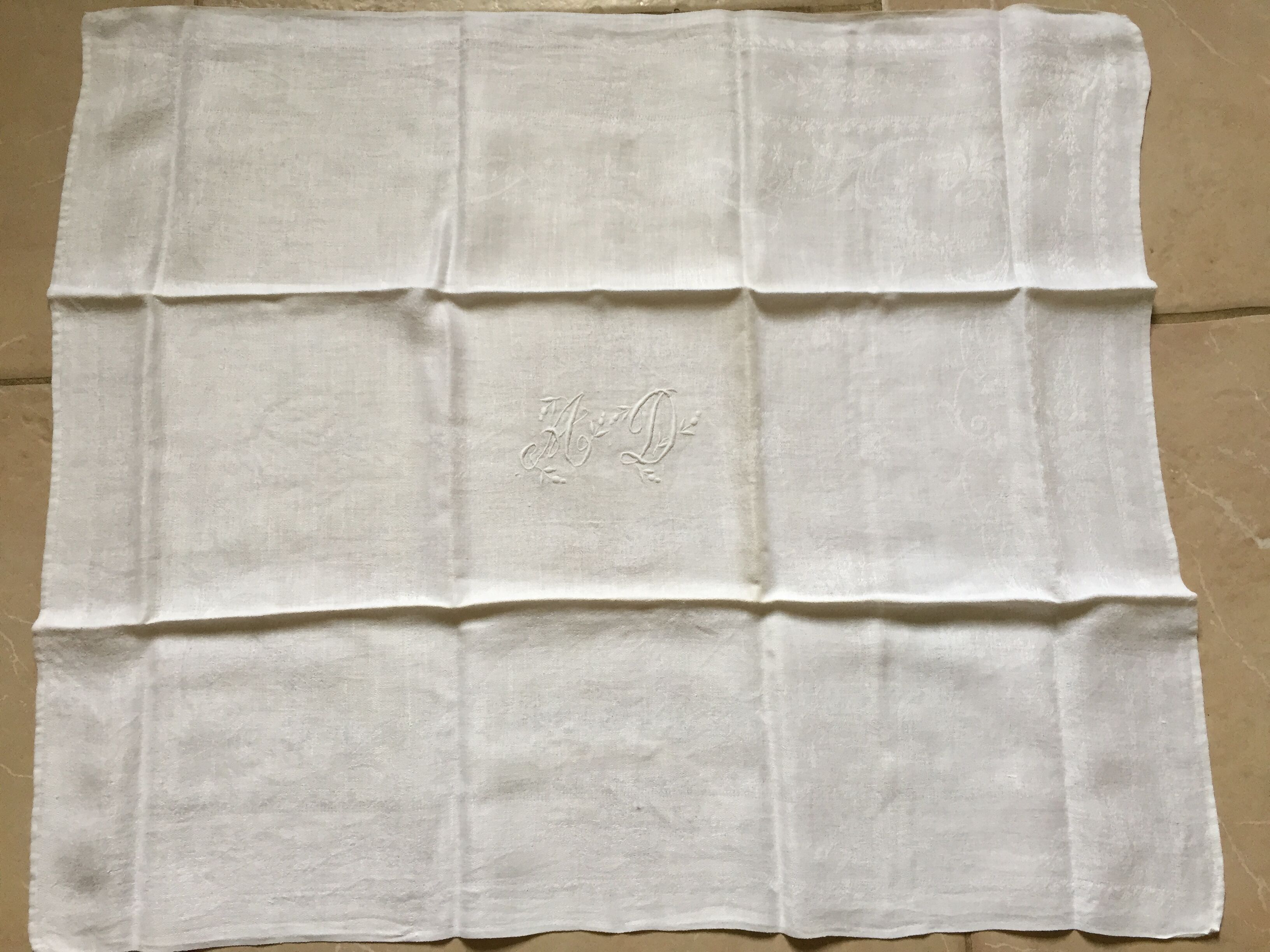 Old table set 12 napkins and tablecloth monogrammed AD