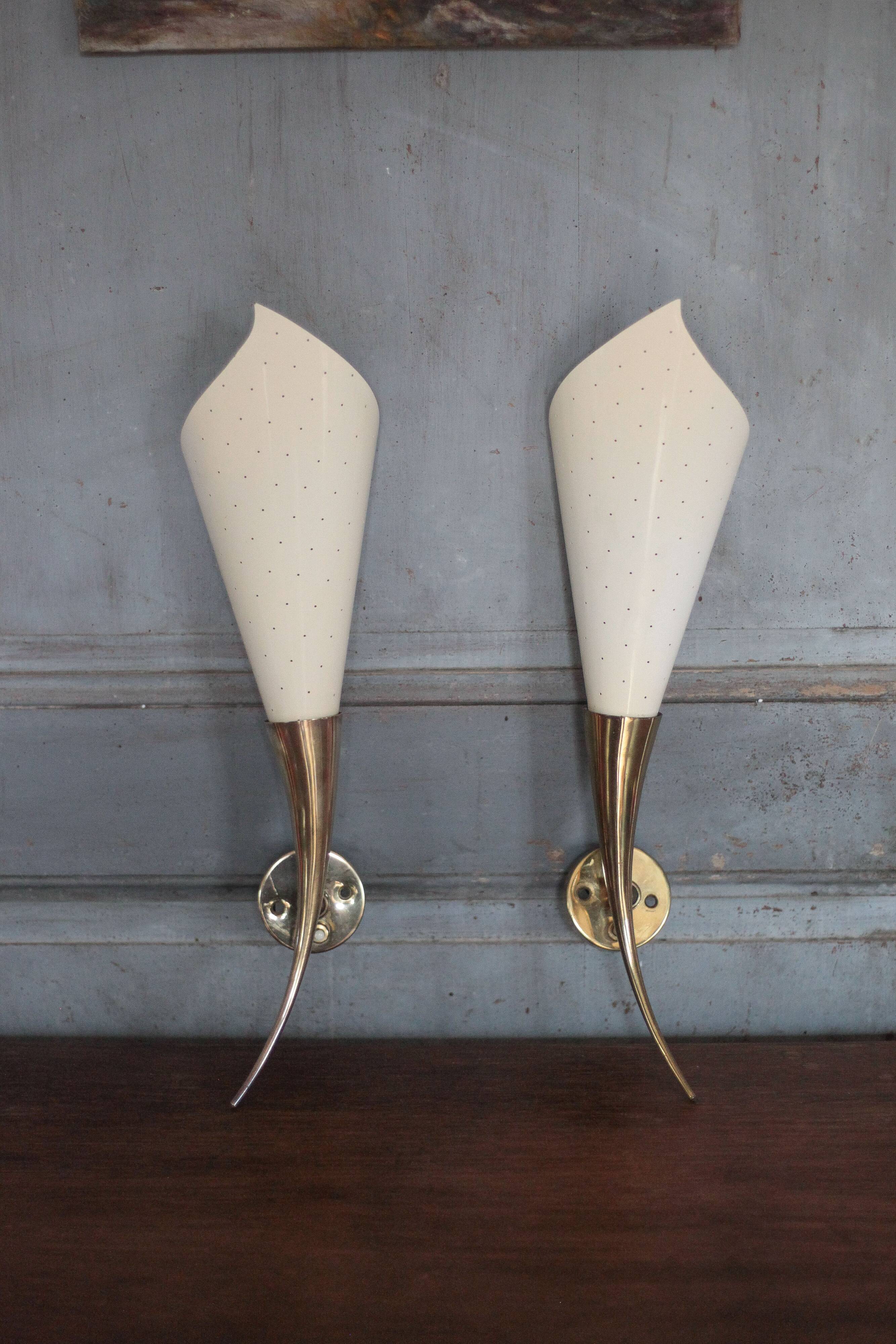 Pair of brass and perforated metal wall lights, wall sconce, decorative