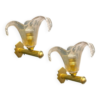 Lot de 2 appliques vénitiennes en verre de Murano et laiton, années 1960