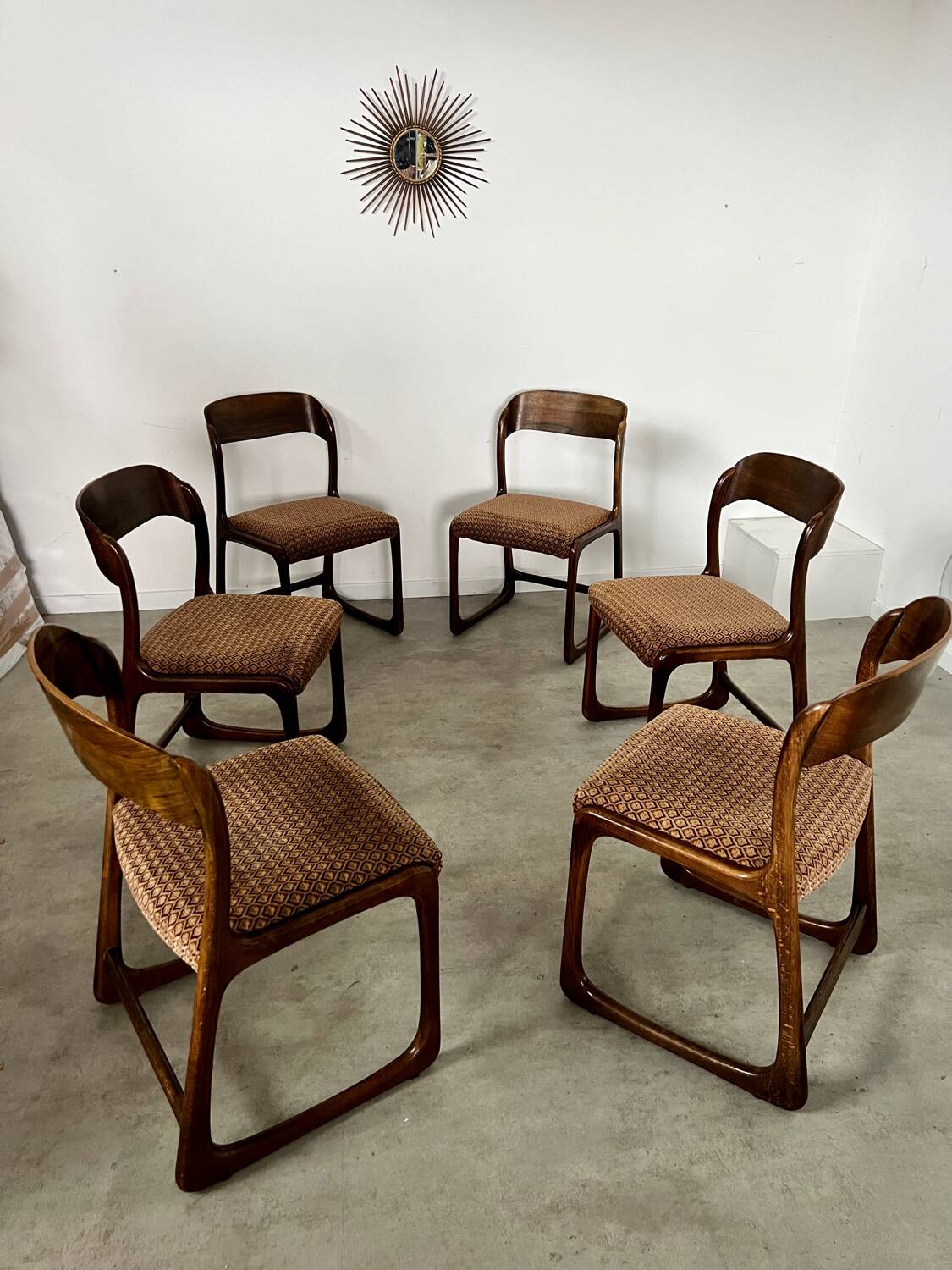 Set of 6 old baumann design sled chairs from the 60s wood and fabric