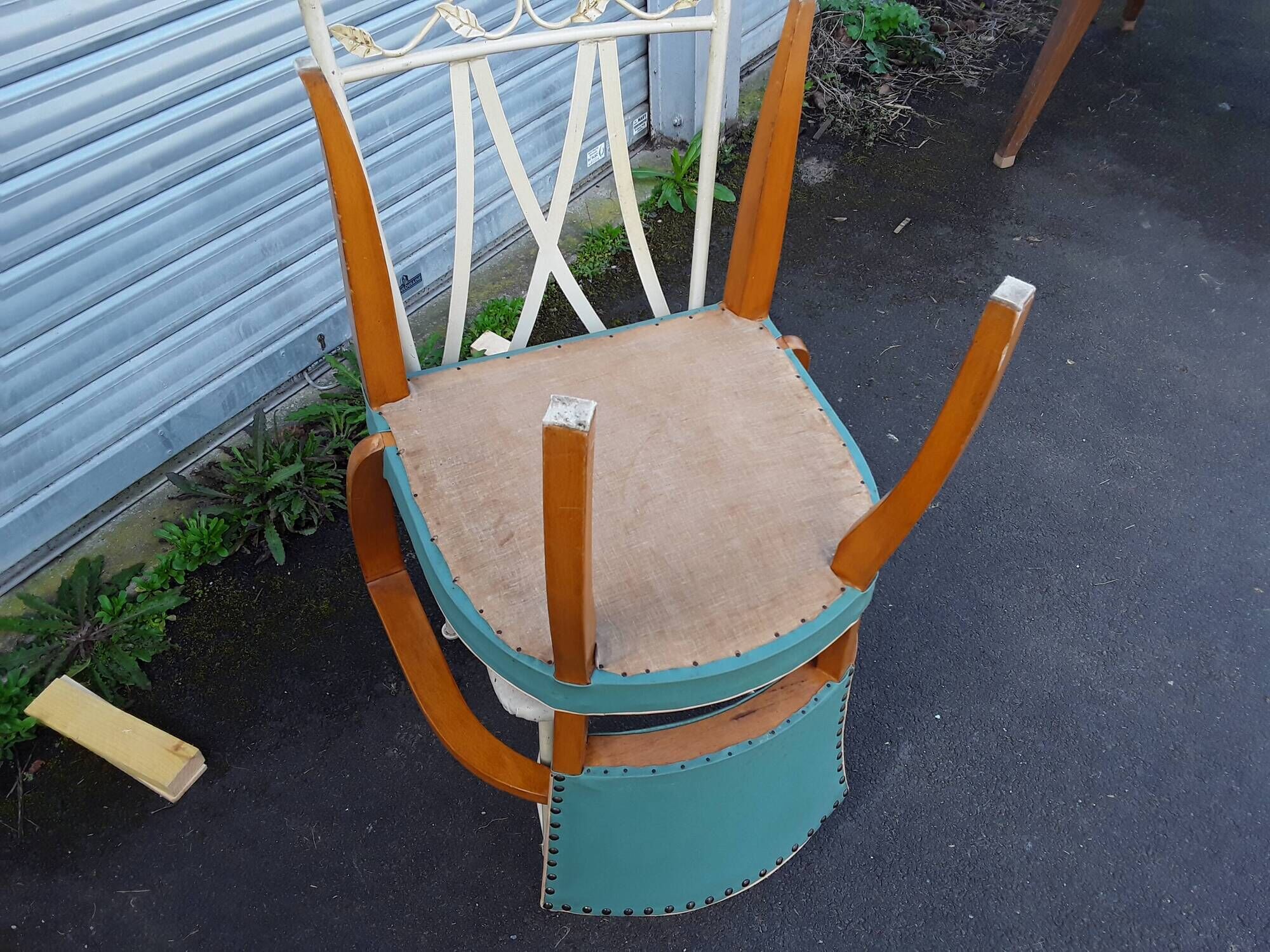 1940s bridge armchair with 3 white buttons and English green vinyl backrest