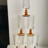 Set of 6 champagne flutes with amber foot 70s