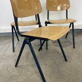 Lot de 3 chaises d’école Galvanitas s30 bois clair pieds compas bleus années 80 Pays-Bas