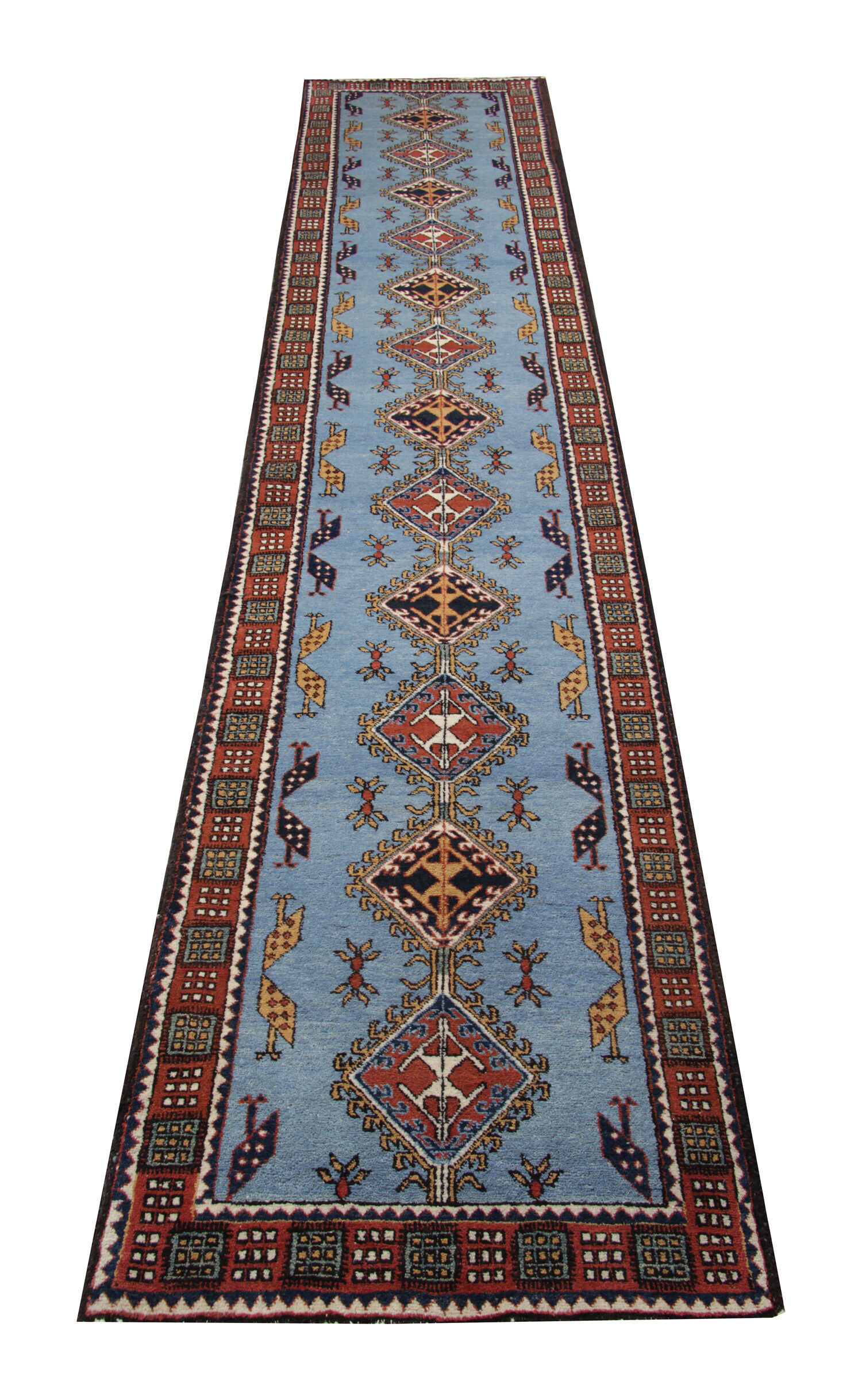 Handwoven Blue Wool Geometric Runner Rug long Traditional Persian Carpet 93x404cm