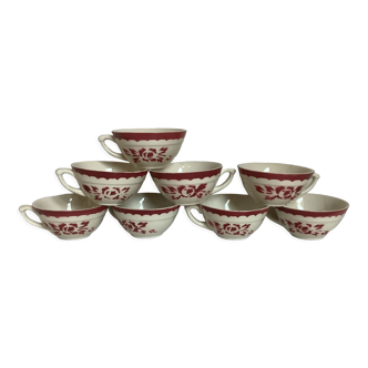 8 old cups earthenware garnet flowers stenciled