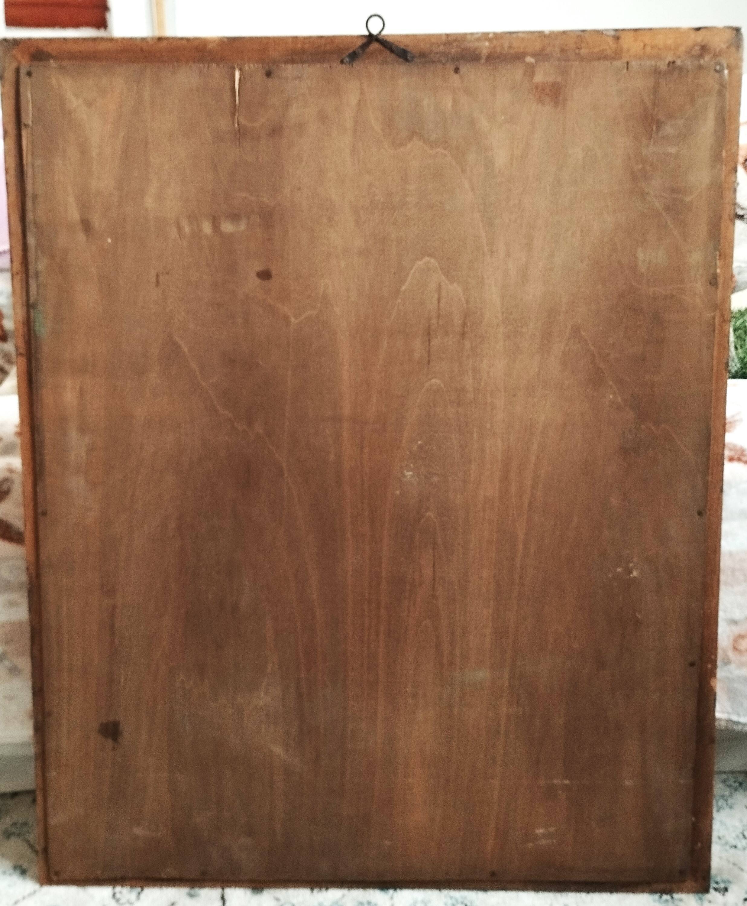 Miroir italien mid-century – cadre en bois patiné et éléments en fer forgé