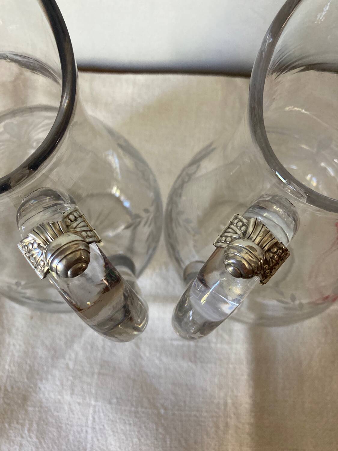 2 carafes en cristal et argent massif